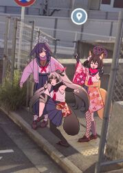Rule 34 | 3girls, absurdres, animal ear fluff, animal ears, black gloves, blue archive, breasts, brown hair, cardigan, cleavage, double v, fence, fishnets, fox ears, fox girl, gloves, grey hair, hair ornament, halo, high school girls posing for google street view (meme), highres, izuna (blue archive), long hair, meme, michiru (blue archive), momotetsuu, multiple girls, outdoors, photo-referenced, photo background, pink halo, pleated skirt, purple hair, road sign, sailor collar, sidewalk, sign, skirt, tail, tsukuyo (blue archive), twintails, v