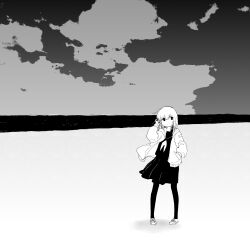 Rule 34 | 1girl, absurdres, beach, cloud, commentary request, diode (0 division), expressionless, full body, highres, horizon, jacket, long hair, monochrome, ocean, open clothes, open jacket, original, pantyhose, school uniform, serafuku, sketch, skirt, sky, solo