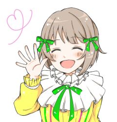 Rule 34 | 1girl, asymmetrical bangs, blush, bow, bowtie, closed eyes, collar, commentary request, dot nose, dress, facing viewer, frilled collar, frilled sleeves, frills, green bow, green bowtie, green ribbon, hair ribbon, hand up, heart, light brown hair, llhm09, long sleeves, love live!, love live! nijigasaki high school idol club, nakasu kasumi, open mouth, ribbon, short hair, sidelocks, smile, solo, upper body, waving, white background, yellow dress