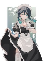 Rule 34 | 1boy, ;), alternate costume, apron, black hair, blue eyes, blue hair, blush, braid, clothes lift, commentary request, crossdressing, dress, dress lift, enmaided, finger to mouth, frilled apron, frills, garter straps, genshin impact, gradient hair, hair ribbon, heimi (himi), highres, maid, maid apron, maid headdress, male focus, multicolored hair, one eye closed, open mouth, puffy short sleeves, puffy sleeves, ribbon, short hair with long locks, short sleeves, shushing, sidelocks, smile, solo, trap, tress ribbon, twin braids, twitter username, venti (genshin impact), white apron, white ribbon, wrist cuffs