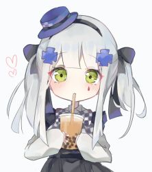 Rule 34 | 1girl, black bow, black hairband, black skirt, blue headwear, blush, bow, bubble tea, checkered bow, checkered clothes, closed mouth, collared shirt, commentary, cup, disposable cup, drinking, drinking straw, facial mark, girls&#039; frontline, green eyes, grey background, hair bow, hair ornament, hairband, hat, heart, highres, hk416 (black kitty&#039;s gift) (girls&#039; frontline), hk416 (girls&#039; frontline), holding, holding cup, long hair, long sleeves, meow nyang, mini hat, official alternate costume, revision, shirt, silver hair, simple background, skirt, sleeves past wrists, solo, tilted headwear, twintails, white shirt