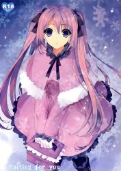 Rule 34 | 1girl, absurdres, black pantyhose, boots, capelet, dress, highres, long hair, mittens, pantyhose, pink hair, purple eyes, snowflakes, snowing, suzuhira hiro, twintails