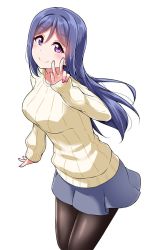 Rule 34 | 10s, 1girl, black pantyhose, blue hair, blue skirt, blush, commentary request, hair down, hand up, long hair, long sleeves, looking at viewer, love live!, love live! school idol festival, love live! sunshine!!, matsuura kanan, miniskirt, nail polish, pantyhose, pink nails, purple eyes, ribbed sweater, simple background, skirt, sleeves past wrists, smile, solo, standing, sweater, w, white background, yellow sweater, yopparai oni
