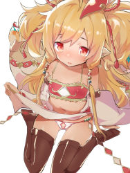 Rule 34 | 1girl, animal ears, bandeau, bare shoulders, black thighhighs, blonde hair, blush, border, caburi, clothes lift, detached sleeves, feathers, granblue fantasy, grey border, hair between eyes, hair ornament, harvin, lifting own clothes, long hair, looking at viewer, mahira (granblue fantasy), navel, no shoes, nose blush, panties, parted lips, pointy ears, red eyes, simple background, sitting, skirt, skirt lift, soles, teeth, thighhighs, underwear, upper teeth only, very long hair, wariza, white background, white panties, wide sleeves