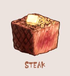 Rule 34 | butter, cube, english text, food, food focus, grey background, no humans, original, saino misaki, simple background, steak