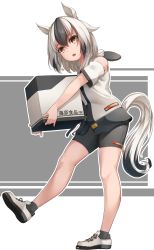 Rule 34 | 1girl, absurdres, animal ears, ankle socks, bike shorts, black hair, box, carrying, commentary, detached sleeves, grey background, hibiki (zerocodo), highres, holding, holding box, hood, hooded jacket, horse ears, horse girl, jacket, looking at viewer, medium hair, multicolored hair, original, shoes, signature, sneakers, socks, solo, two-tone background, two-tone hair, umamusume, white background, white hair, yellow eyes