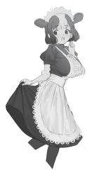 Rule 34 | 1girl, :d, animal ears, breasts, center frills, cow ears, cropped legs, extra ears, frills, greyscale, highres, holstein friesian cattle (kemono friends), kemono friends, kona ming, large breasts, looking at viewer, maid, monochrome, multicolored hair, open mouth, puffy short sleeves, puffy sleeves, short hair, short sleeves, simple background, skirt hold, smile, solo, two-tone hair