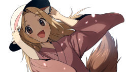 Rule 34 | 1boy, :d, adjusting clothes, adjusting headwear, asada hachi, blush, brown eyes, brown kimono, commentary, dutch angle, fox boy, fox tail, glowing, hat, highres, japanese clothes, kimono, kogitsune (natsume yuujinchou), light brown hair, long hair, looking at viewer, male focus, natsume yuujinchou, open mouth, petals, simple background, smile, solo, sun hat, tail, trap, twitter username, upper body, watermark, white background, white hat