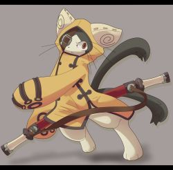 Rule 34 | 1boy, animal ears, animal hood, arc system works, blazblue, cat, cat ears, cat hood, cat tail, eyepatch, furry, furry male, grey background, highres, hood, jubei (blazblue), letterboxed, male focus, multiple tails, red eyes, simple background, solo, sword, tail, weapon