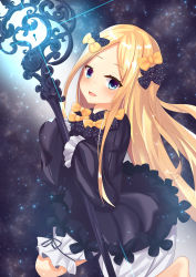 Rule 34 | 1girl, abigail williams (fate), absurdres, bad id, bad pixiv id, black bow, black dress, blonde hair, bloomers, blue eyes, blush, bow, dress, fate/grand order, fate (series), forehead, glowing, hair bow, highres, key, keyhole, long hair, long sleeves, looking at viewer, multiple bows, open mouth, orange bow, parted bangs, polka dot, polka dot bow, ribbed dress, sleeves past fingers, sleeves past wrists, smile, solo, staff, underwear, white bloomers, yagiryu