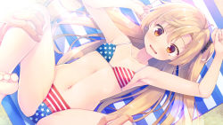 Rule 34 | 1girl, american flag bikini, armpits, arms up, azur lane, barefoot, bikini, blonde hair, cleveland (azur lane), collarbone, flag print, flat chest, highres, lying, masaki kei, navel, one side up, open mouth, ponytail, red eyes, solo, spread legs, swimsuit, wavy mouth