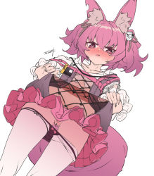 Rule 34 | 1girl, animal ear fluff, animal ears, arknights, badge, black panties, blush, clothes lift, commentary, dress, fingernails, fox ears, fox girl, fox tail, from below, gluteal fold, hair between eyes, heart, heart-shaped pupils, hole in ears, long fingernails, looking at viewer, navel, panties, panty pull, pantyhose, pink dress, pink eyes, pink hair, pussy, pussy juice, pussy juice trail, pussy peek, see-through, seto tinami, shamare (arknights), shirt, skirt, skirt lift, solo, symbol-shaped pupils, tail, tongue, tongue out, underwear, white pantyhose, white shirt