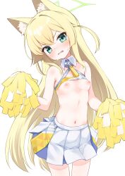 Rule 34 | 1girl, absurdres, alternate costume, animal ear fluff, animal ears, blonde hair, blue archive, blush, breasts, cheerleader, clothes lift, commentary request, cowboy shot, criss-cross halter, detached collar, fox ears, fox girl, green eyes, green halo, hair between eyes, halo, halterneck, hands up, head tilt, highres, holding, holding pom poms, kurumi (blue archive), long hair, looking at viewer, midriff, millennium cheerleader outfit (blue archive), miniskirt, navel, nipples, parted lips, partial commentary, pleated skirt, pom pom (cheerleading), pom poms, simple background, skirt, small breasts, solo, sota, sports bra, sports bra lift, sweat, two side up, very long hair, white background