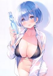 Rule 34 | 1girl, absurdres, ayamy, bare shoulders, blue eyes, blue hair, blush, bottle, breasts, cleavage, collarbone, convenient censoring, fingernails, hair between eyes, hair ornament, head tilt, highres, holding, large breasts, lips, looking at viewer, navel, no panties, open clothes, open shirt, parted lips, re:zero kara hajimeru isekai seikatsu, rem (re:zero), scan, shadow, shiny skin, shirt, short hair, simple background, smile, solo, stomach, water bottle, white shirt, x hair ornament