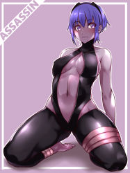 Rule 34 | 1girl, absurdres, backless outfit, bare shoulders, black gloves, black hairband, blush, breasts, center opening, closed mouth, dark skin, dark-skinned female, fate/prototype, fate/prototype: fragments of blue and silver, fate (series), fingerless gloves, full body, gloves, hairband, hassan of serenity (fate), highres, kisaragi tsurugi, kneeling, looking at viewer, medium breasts, purple eyes, purple hair, short hair, solo