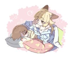 Rule 34 | 2girls, animal ear fluff, animal ears, blonde hair, blush, bouen, camisole, chick print, closed eyes, commentary request, dated, flat chest, highres, long hair, multiple girls, original, pajamas, pillow, rubbing eyes, sleeping, under covers, waking up