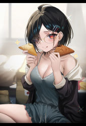 Rule 34 | 1girl, absurdres, bare shoulders, black hair, blue eyes, blue shirt, blush, breasts, cleavage, food, glasses, hair behind ear, hair ornament, hair over one eye, hairclip, hands up, highres, holding, holding food, indoors, jacket, large breasts, looking at viewer, off shoulder, open clothes, open jacket, original, parted lips, red eyes, shirt, short hair, sitting, smile, solo, sweat, yufou