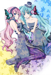Rule 34 | 2girls, aqua eyes, aqua hair, aruhina, blue eyes, bow, bug, butterfly, butterfly hair ornament, dress, hair ornament, hat, hatsune miku, headphones, high heels, holding hands, insect, long hair, magnet (vocaloid), megurine luka, multiple girls, pantyhose, pink hair, shoes, strapless, strapless dress, top hat, twintails, vocaloid, yuri