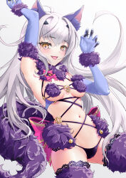 1girl absurdres animal_ears atenderliver bare_shoulders black_panties blush bow breasts cosplay elbow_gloves fate/grand_order fate_(series) forked_eyebrows fur-trimmed_gloves fur-trimmed_thighhighs fur_collar fur_trim gloves highres lace lace-trimmed_thighhighs lace_trim long_hair looking_at_viewer mash_kyrielight mash_kyrielight_(dangerous_beast) mash_kyrielight_(dangerous_beast)_(cosplay) melusine_(fate) navel o-ring open_mouth panties purple_gloves purple_thighhighs revealing_clothes sidelocks small_breasts smile solo tail thighhighs thighs underwear white_hair wolf_ears wolf_tail yellow_eyes