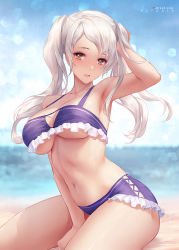 Rule 34 | 1girl, alternate costume, aztodio, bare shoulders, beach, bikini, blush, breasts, brown eyes, cleavage, collarbone, fire emblem, fire emblem awakening, frilled bikini, frills, highres, large breasts, long hair, looking at viewer, navel, nintendo, purple bikini, robin (female) (fire emblem), robin (fire emblem), sideboob, skindentation, solo, swimsuit, thighs, twintails, underboob, white hair