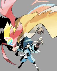 Rule 34 | 1boy, aqua hair, arm up, blue jacket, blue pants, commentary request, creatures (company), donnpati, falkner (pokemon), from above, game freak, gen 1 pokemon, grey background, gym leader, highres, jacket, looking at viewer, male focus, mega pidgeot, mega pokemon, nintendo, open mouth, pants, pidgeot, pokemon, pokemon (creature), pokemon hgss, shoes, teeth, wristband