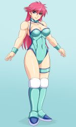 Rule 34 | 1girl, boots, breasts, cleavage, full body, highres, kneepits, large breasts, leotard, lips, long hair, mighty yukiko, pink hair, purple eyes, smile, solo, taroimo (00120014), wrestle angels, wrestle angels survivor, wrestling outfit, wristband