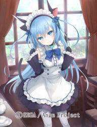Rule 34 | 1girl, ange vierge, animal ears, black gloves, blue bow, blue eyes, blue hair, bow, cat ears, cat tail, chair, cup, curtains, day, gloves, hands up, indoors, long hair, looking at viewer, maid, official art, omega 47 toto, saucer, shamonor, smile, solo, standing, tail, teacup, teapot, very long hair, watermark, white legwear, window