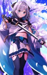 Rule 34 | 1girl, :o, black bow, black gloves, black thighhighs, blue eyes, bow, cherry blossoms, commentary request, cowboy shot, crop top, day, gloves, hair between eyes, hair bow, hair ornament, hairclip, highres, holding, holding sword, holding weapon, kaga sumire, katana, long sleeves, looking at viewer, lupinus virtual games, midriff, navel, official alternate costume, outdoors, partially fingerless gloves, pleated skirt, sheath, shirt, short hair, skirt, solo, sword, syurimp, thighhighs, unsheathing, virtual youtuber, vspo!, weapon, white hair, white shirt, white skirt, wide sleeves