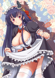 Rule 34 | 1girl, alternate costume, apron, artist logo, black dress, black hair, black panties, breasts, cleavage, clothes lift, cowboy shot, dated, dress, dress lift, floral background, flower, frilled apron, frilled dress, frills, fusou (kancolle), gothic lolita, hair ornament, kantai collection, large breasts, leaning forward, lolita fashion, long hair, looking at viewer, maid headdress, moke ro, panties, red eyes, rose, solo, standing, thighhighs, underwear, white apron, white thighhighs