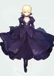 Rule 34 | 1girl, artoria pendragon (all), artoria pendragon (fate), black bow, black choker, black footwear, blonde hair, boots, bow, braid, breasts, choker, commentary request, detached sleeves, dress, fate/stay night, fate (series), french braid, full body, gothic lolita, grey background, hair between eyes, hair bow, juliet sleeves, korean commentary, lolita fashion, long dress, long sleeves, looking at viewer, lpip, parted lips, puffy sleeves, purple dress, purple sleeves, saber alter, short hair, sidelocks, sleeves past wrists, small breasts, solo, standing, wide sleeves, yellow eyes