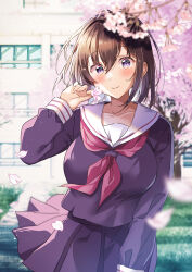 Rule 34 | 1girl, black serafuku, black skirt, blurry, blush, breasts, brown hair, building, cherry blossoms, cherry tree, closed mouth, collarbone, commentary request, day, depth of field, hair between eyes, hawawa-chan (shiro kuma shake), highres, large breasts, long sleeves, looking at viewer, medium hair, original, outdoors, purple eyes, sailor collar, school, school uniform, serafuku, shiro kuma shake, skirt, smile, solo, standing, white sailor collar, window