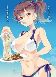 Rule 34 | 10s, 1girl, alternate costume, armpits, asymmetrical hair, bare arms, bare shoulders, bikini, breasts, brown eyes, brown hair, cleavage, curry, curry rice, day, eating, female focus, food, gradient background, highres, imu sanjo, jitome, jpeg artifacts, kaga (kancolle), kantai collection, large breasts, looking at viewer, nattou, navel, outdoors, rice, short hair, short ponytail, side ponytail, sideboob, sky, solo, spoon, standing, stomach, swimsuit, utensil in mouth