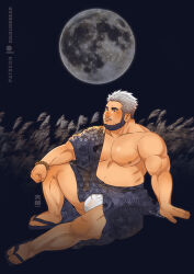 Rule 34 | 1boy, bara, bare pectorals, bead bracelet, beads, beard, black background, blush, bracelet, bulge, commentary, daisukebear, dark-skinned male, dark skin, facial hair, from side, full body, full moon, fundoshi, gradient hair, grey hair, hadanugi dousa, hand on floor, japanese clothes, jewelry, large pectorals, looking ahead, male focus, male underwear, mature male, mixed-language commentary, moon, multicolored hair, muscular, muscular male, nipples, nose blush, open kimono, original, pectorals, see-through, short hair, sitting, slippers, solo, stomach, thick eyebrows, thighs, underwear, wet, wet clothes, wet fundoshi, wet male underwear, white male underwear