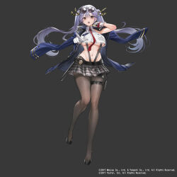 Rule 34 | 1girl, :o, azur lane, black background, black footwear, black pantyhose, black skirt, blue hair, blue jacket, breasts, brown eyes, commentary request, essex (azur lane), eyewear on head, full body, gloves, highres, jacket, jacket on shoulders, large breasts, long hair, looking at viewer, merchandise available, miniskirt, navel, official art, open clothes, open jacket, open mouth, pantyhose, plaid clothes, plaid skirt, pointing, pointing at viewer, police badge, simple background, skirt, solo, sunglasses, teddy (khanshin), thighs, twintails, white gloves