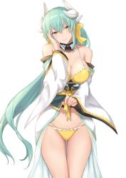 Rule 34 | 1girl, aqua hair, bare shoulders, bikini, blush, bow, breasts, cleavage, closed mouth, cowboy shot, detached collar, fate (series), frilled bikini, frills, hair between eyes, hair bow, head tilt, highres, horns, japanese clothes, kimono, kiyohime (fate), kiyohime (fate/grand order), kiyohime (swimsuit lancer) (fate), kiyohime (swimsuit lancer) (first ascension) (fate), large breasts, long hair, looking at viewer, obi, off shoulder, open clothes, open kimono, sash, sidelocks, simple background, smile, solo, standing, swimsuit, terry (pixiv3274443), thigh gap, thigh strap, thighs, very long hair, white background, white bikini, yellow bikini, yellow bow, yellow eyes