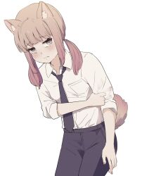 Rule 34 | 1girl, animal ear fluff, animal ears, black necktie, black pants, brown eyes, brown hair, collared shirt, commentary request, dog ears, dog girl, dog tail, hair over shoulder, highres, kemonomimi mode, leaning forward, long hair, long sleeves, low twintails, necktie, original, pants, shirt, simple background, solo, tail, tsuruse, twintails, white background, white shirt