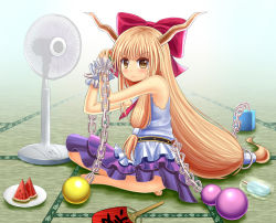 Rule 34 | 1girl, arm behind head, belt, blonde hair, blue background, bow, chain, cube, electric fan, food, frown, fruit, gin fuaru, gourd, gradient background, hair bow, hand fan, horns, ibuki suika, ice, indian style, long hair, looking at viewer, low-tied long hair, orb, paper fan, plate, popsicle, shirt, sitting, skirt, sleeveless, sleeveless shirt, slit pupils, solo, sweat, tatami, touhou, uchiwa, very long hair, watermelon, wrist cuffs, yellow eyes