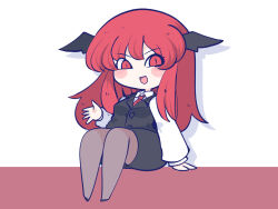 Rule 34 | 1girl, :d, arm support, black skirt, black vest, breasts, chahan (fried rice0614), chibi, commentary request, full body, hand up, head wings, koakuma, long hair, necktie, one-hour drawing challenge, open mouth, pantyhose, red eyes, red hair, red necktie, simple background, sitting, skirt, skirt set, slit pupils, small breasts, smile, solo, touhou, vest, white background, wing collar, wings