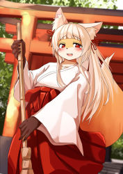 Rule 34 | 1girl, animal ear fluff, animal ears, blurry, blurry background, blush, broom, day, eyebrows, female focus, fox ears, fox girl, fox tail, furry, furry female, high-waist skirt, highres, holding, holding broom, japanese clothes, kagarimachi konatsu, long skirt, looking at viewer, miko, open mouth, original, outdoors, red eyes, red skirt, skirt, solo, tail, torii, white hair, wide sleeves