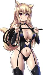 Rule 34 | 1girl, animal ear fluff, animal ears, arm warmers, belt collar, black panties, black thighhighs, blonde hair, borrowed character, breasts, cat ears, cat girl, cat tail, choker, cleavage, collar, collarbone, cowboy shot, garter straps, gluteal fold, highres, holding, holding whip, large breasts, leather, leather choker, leonart, licking lips, long hair, looking at viewer, navel, original, panties, red eyes, simple background, slit pupils, smile, solo, tail, thighhighs, tiffy (nottytiffy), tongue, tongue out, underwear, whip, white background