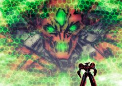 Rule 34 | facial mark, forehead mark, getter-1, getter robo, glowing, glowing eyes, glowing mouth, green eyes, honeycomb (pattern), looking at viewer, mecha, monsterification, no humans, parody, robot, science fiction, shinkawa youji (style), size difference, style parody, teoft