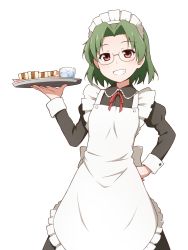 Rule 34 | 1girl, apron, blush, brown eyes, cuff links, cup, dress, drinking glass, food, frilled apron, frills, glasses, green hair, hair intakes, hand on own hip, highres, holding, holding tray, long sleeves, looking at viewer, maid, maid apron, maid headdress, mashita (candy apricot), napkin, ribbon, saki (manga), sandwich, short hair, simple background, smug, solo, someya mako, tray, waist apron, water, wavy hair, white background