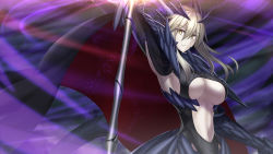 Rule 34 | 1girl, arm up, armor, armpits, artoria pendragon (fate), artoria pendragon (lancer) (fate), artoria pendragon (lancer alter) (fate), blonde hair, breasts, cape, expressionless, fate/grand order, fate (series), holding, holding weapon, horns, kotera ryou, lance, large breasts, long hair, looking at viewer, looking to the side, navel, pale skin, polearm, saber (fate), saber alter, sideboob, solo, underboob, upper body, weapon, wind, yellow eyes