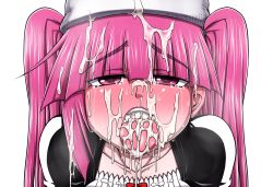 Rule 34 | 1girl, bleach, blush, collarbone, cum, cum in mouth, cum in nose, cum on clothes, cum on hair, cum on tongue, cumdrip, dokugamine riruka, facial, full-face blush, half-closed eyes, hanya (hanya yashiki), hat, long hair, looking at viewer, open mouth, oral invitation, portrait, purple eyes, purple hair, saliva, solo, tears, teeth, tongue, tongue out, twintails, two side up, upper teeth only