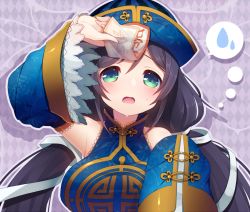 Rule 34 | 10s, 1girl, black hair, blush, breasts, detached sleeves, female focus, green eyes, hair ribbon, hat, jiangshi, large breasts, long hair, looking at viewer, love live!, love live! school idol festival, love live! school idol project, low twintails, ofuda, open mouth, qingdai guanmao, ribbon, solo, spoken sweatdrop, sweatdrop, tojo nozomi, twintails, usamata, wide sleeves