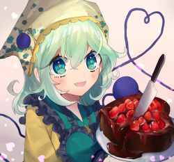 Rule 34 | 1girl, :d, apron, blouse, blush, cake, chocolate cake, chocolate syrup, commentary request, eyeball, floral print, food, frilled apron, frills, fruit, gradient background, green apron, green eyes, green hair, hair between eyes, hair ornament, hairclip, happy, head scarf, unworn headwear, heart, heart of string, highres, holding, holding plate, knife, komeiji koishi, lace trim, looking at viewer, open mouth, plate, shirt, short hair, smile, solo, standing, strawberry, third eye, touhou, tsukikusa, upper body, yellow headwear, yellow shirt