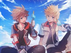 Rule 34 | 2boys, black shirt, blonde hair, blue eyes, blue sky, brown hair, chain, chain necklace, fingerless gloves, food, gloves, hair between eyes, holding, holding food, holding ice cream, hood, hood down, hooded jacket, ice cream, ice cream bar, jacket, jewelry, kingdom hearts, kingdom hearts iii, looking at another, male focus, multiple boys, necklace, open mouth, outdoors, ring, roxas, shirt, short hair, short sleeves, sky, smile, sora (kingdom hearts), spiked hair, upper body, white jacket, wristband, yurichi (artist)