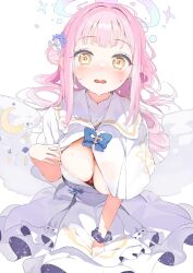 Rule 34 | 1girl, absurdres, blue archive, blush, bow, bowtie, breasts, buttons, capelet, cleavage, double-breasted, dress, feathered wings, flower, hair bun, hair flower, hair ornament, hair scrunchie, halo, highres, large breasts, long hair, looking at viewer, low wings, mika (blue archive), open mouth, pink hair, pomesaurus, scrunchie, sidelocks, single side bun, solo, white capelet, white dress, wings, wrist scrunchie, yellow eyes