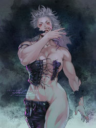 Rule 34 | 1girl, abs, arkuny, breasts, dorohedoro, earrings, formal, highres, jewelry, large breasts, long hair, looking at viewer, muscular, muscular female, noi (dorohedoro), red eyes, simple background, smile, solo, stitches, torn clothes, white hair