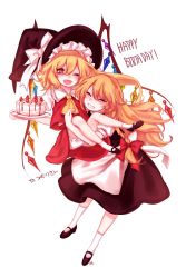 Rule 34 | 2girls, ^ ^, apron, ascot, bad id, bad twitter id, birthday cake, black hat, black skirt, black vest, blonde hair, bloomers, blush, borrowed clothes, bow, braid, cake, candle, carrying, closed eyes, fangs, flandre scarlet, food, fruit, grin, hair between eyes, hair ribbon, happy birthday, hat, hat bow, heart, heart-shaped pupils, highres, kirisame marisa, long hair, mary janes, multiple girls, one eye closed, open mouth, puffy short sleeves, puffy sleeves, red bow, red eyes, red ribbon, red skirt, red vest, ribbon, shoes, short sleeves, side ponytail, simple background, single braid, skirt, smile, socks, strawberry, symbol-shaped pupils, tis (shan0x0shan), touhou, tress ribbon, underwear, vest, waist apron, white background, white bow, wings, witch hat
